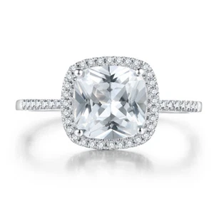 Solid 10K White Gold Pave,Prong 8x8mm Cushion 3.0ct White Topaz Diamonds Ring - Picture 1 of 8