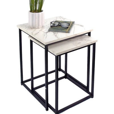 Set Of 2 Coffee Table Marble Effect Top Nest Of Tables With Black Metal Frame - Image 1 of 4
