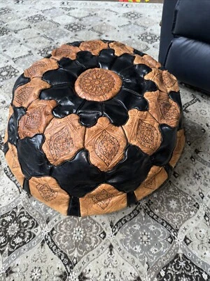 Moroccan Leather Pouf Cover Round Large Ottoman Footstool Cover ONLY Brown  - Image 1 of 3
