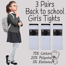 Girls Childrens 3 Pairs Plain Tights Back To School Everyday Cotton Rich UK New