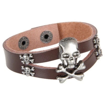Pulseira masculina de couro punk rock caveira pulseira larga joias hip hop ajustável - Imagem 1 de 4