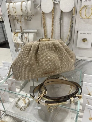 NWT MICHAEL MICHAEL KORS Nola Small Crystal Clutch Chain Crossbody pale gold - Image 1 of 4