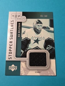 2001-02 UD Top Shelf Ed Belfour Game Used Jersey Card 91/99 SS-EB HOF Dallas - Picture 1 of 3