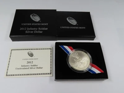 2012 W INFANTRY SOLDIER UNCIRCULATED SILVER DOLLAR COIN W/ BOX + COA - Image 1 of 4
