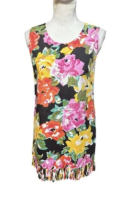 Vestido Anna Sui Floral Lazo Flecos Multicolor Sin Mangas Túnica Festival S SEDA Foto 1 de 4