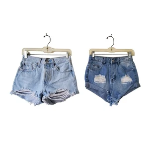 Levis 501 Shein Women XS Thrashed Cutoff Jeans Shorts 2 Pair Denim Frayed Ripped - Picture 1 of 13