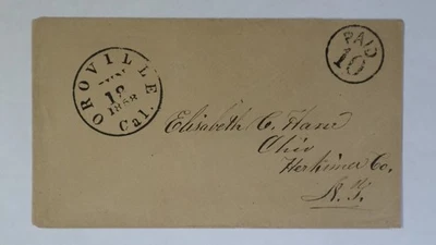 June 1858 Oroville Butte County Paid 10 Stampless to Ohio New York Cover Cover - Image 1 of 2