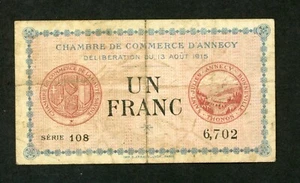 FRANCE D `ANNECY 1 FRANC 1915 CHAMBRE DE COMMERCE VF. - Picture 1 of 2