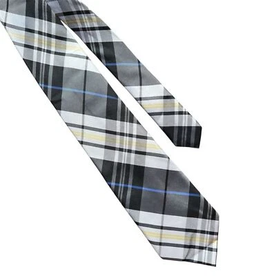 Ben Sherman 黑色和灰色格子领带黄色和蓝色口音 100% 真丝 — 第 1/4 张图片
