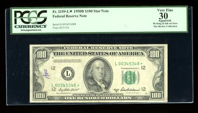 DBR 1950-B $100 FRN San Francisco STAR Fr. 2159-L* PCGS App 30 Serial L00345348* - Image 1 of 2