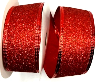 Solid Red Glittered 2.5" by 6 yd Metallic Wired Ribbon Christmas Valentine's Day - Image 1 of 3