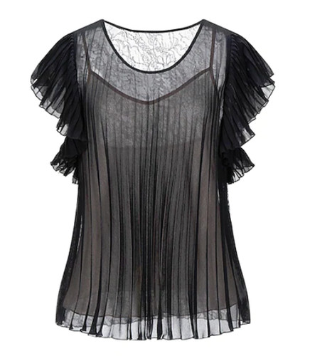 Camicia Boutique Moschino a pieghe e pizzo nera nuova con etichette $378