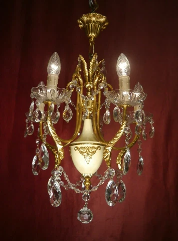 FINE BRASS CREAM VARNISH CHANDELIER VINTAGE GLASS LAMP CLASSIC 5 LIGHT  Ø 19" Cover