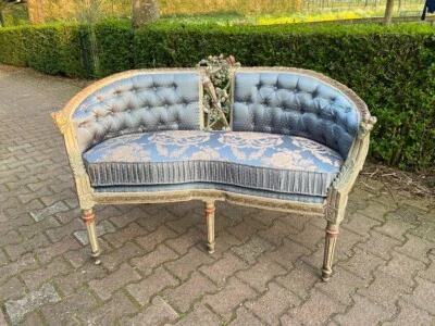 Sofa Couch French Louis XVI Corbeille Blue Damask Gold Gilt Vintage Settee - Image 1 of 4