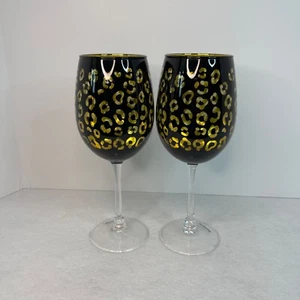 Black and Gold Large Leopard Wine Glasses Water Goblets Set of 2 - Picture 1 of 12