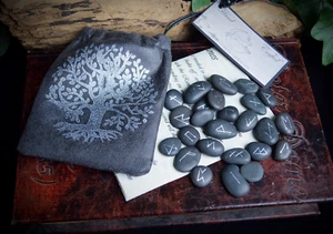 25 RUNE STONES & BAG Tree of Life Wicca Pagan Witchcraft Divination Faux Leather - Picture 1 of 4