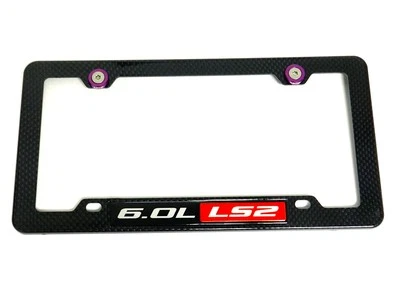 6.0L LS2 CARBON FIBER LOOK LICENSE PLATE FRAME W/ 2 PURPLE WASHERS & BOLTS - Image 1 of 4
