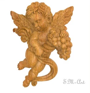 Wood Carved Angel Cherub Vine Grappe Old Figure Wall Mount Furniture Applique - Picture 1 of 6