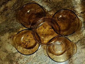 Vintage ANCHOR HOCKING SMALL HANDLED (4) Casserole & (1) Lid Amber Brown Baking - Picture 1 of 2
