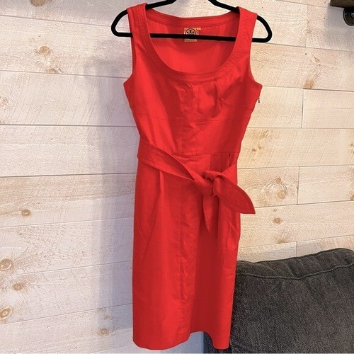 TORY BURCH Abito Donna Arancione Scoop Collo Senza Maniche Cravatta Vita Leena