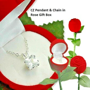 CZ white gold pendant square w chain stemmed rose box necklace emerald shape New - Picture 1 of 3