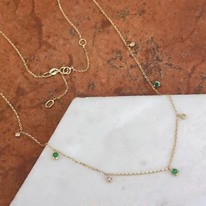 Vintage 14K Yellow Gold Emerald And Diamond Station Chain Necklace Adjustable - Picture 1 of 8