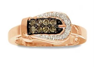 10K Rose Gold Chocolate Brown & White Diamond Belt Buckle Ring Band .24ct - Picture 1 of 3
