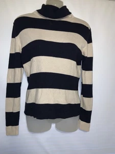 TSE Cashmere Long Sleeve Striped Turtleneck Sweater Ivory & Blue Size Large - Picture 1 of 5