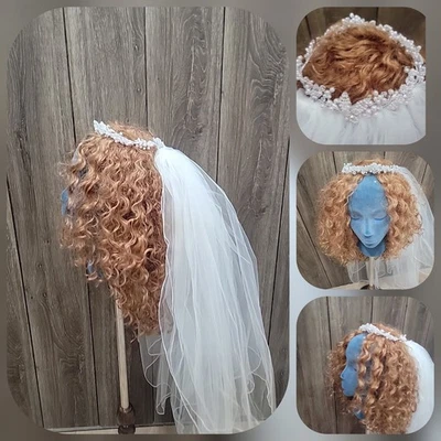 Tiara de boda de perlas blancas de colección/tocado de novia con velo/2 cintas/longitud 28" Foto 1 de 4