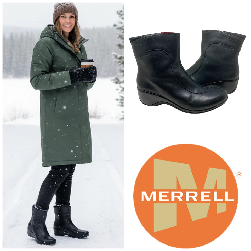 Merrell Angelic Waterproof Mid Boots Black Leather Zip Women's Sz 8.5 J68692 - Image 1 of 4