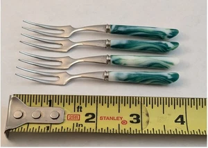 4 pc Mini Cocktail/Appetizer Forks Green & White Plastic Handles Stainless Japan - Picture 1 of 7