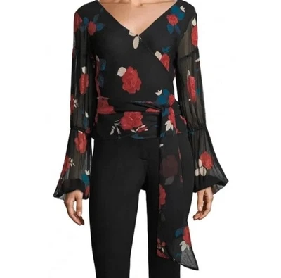 Top Club Monaco Mujer S Negro Seda Floral Envolvente Corbata Manga Campana Darlana Vamp Foto 1 de 3