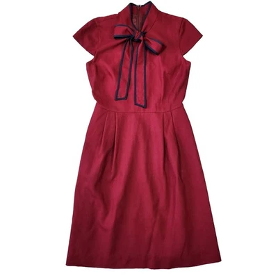 J Crew Dress Women 2 Wool Fit Flare Bow Tie Burgundy Career Feminine Retro Chic - Image 1 of 4