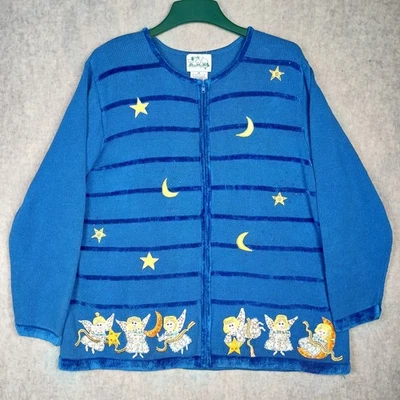 The Quaker Factory Christmas Angels Night Cardigan Sweater Woman’s 2X Full Zip - Image 1 of 4