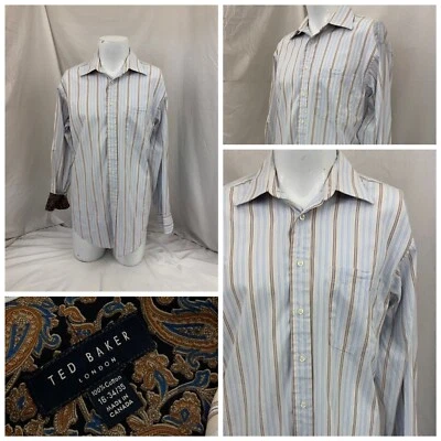 Camisa Ted Baker Puño Abatible 16 34 Azul Rayas Paisley Puño Canadá Como Nueva YGI S1-401 Foto 1 de 4