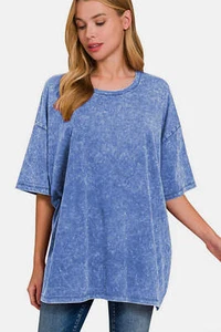 Zenana Washed Round Neck Drop Shoulder Oversized T-Shirt - Picture 1 of 4