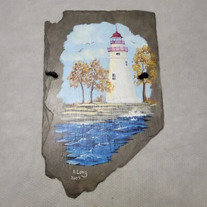 Vintage Hand Painted Slate Marblehead Lighthouse Ohio Wall Hanging Decor Signed - Picture 1 of 9