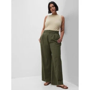 Pantalón informal plisado de lino de 12 piernas anchas GAP oliva oscuro para mujer - Imagen 1 de 14