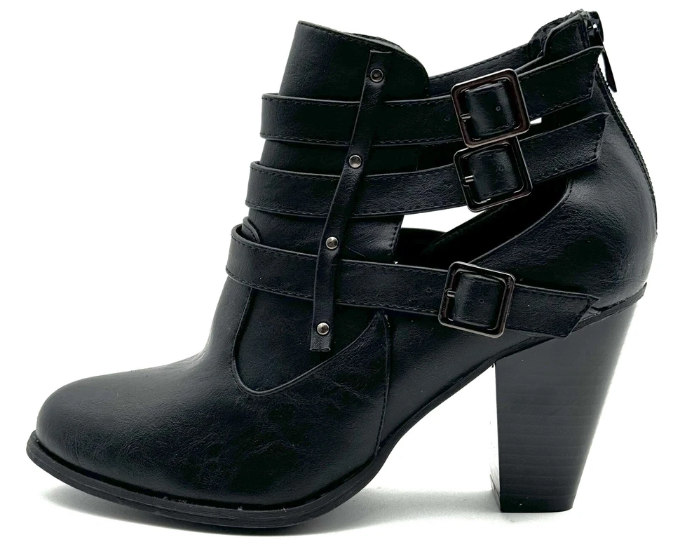 Botines Forever Brand para mujer 9 punta cerrada correas negras hebillas tacón apilado Foto 1 de 4