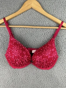 NEW Victoria's Secret Push-Up Pigeonnant Bra 32D Dark Pink Red Laced Floral - Picture 1 of 6