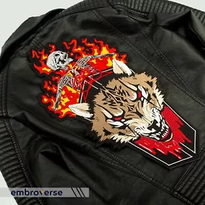 Hell Wolf Large Back Patch - Angry Wild Animal - Fire Skull Emblem - Embroidered - Picture 1 of 10