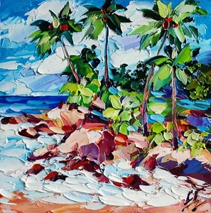 Original oil painting Laguna beach seascape artwork Ocean Palm trees art 6*6 in - Picture 1 of 8