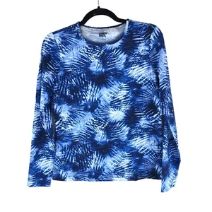 Lands End Womens Crew Neck Long Sleeve Rash Guard UPF 50 Swim Tee Blue White S - Picture 1 of 4