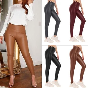 Women's Faux Leather Leggings Squat Proof Gym Wet Look Tummy Control Yoga Pants - Picture 1 of 32
