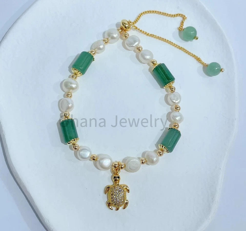 Pulsera de cobre ajustable con perlas de agua dulce de jade verde natural - tortuga circonita cúbica Foto 1 de 1