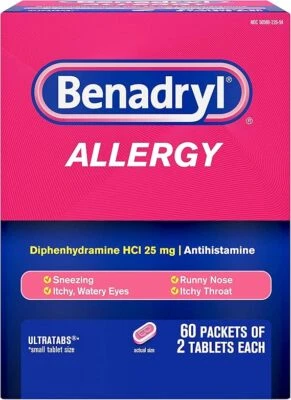 Benadryl Allergy Ultratab Comprimidos - 120 Recuento Total (2 x 60 Paquetes), Acción Rápida Foto 1 de 4