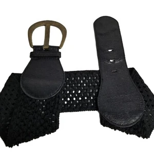 Vintage Black Braided Woven Wide Belt 3 Inch Brass Buckle Boho Cottagecore - Picture 1 of 9