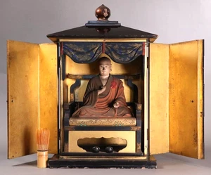 Japanische Holz geschnitzte buddhistische Statue Kukai Kobo Daishi H11,3 Zoll mit Zushi H18,9 Zoll - Bild 1 von 19