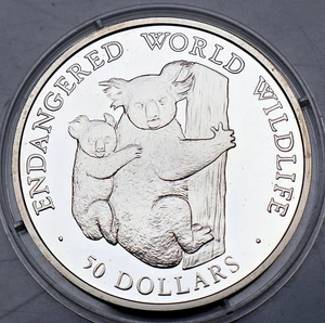 COOK ISLANDS: 50 Dollars 1990: KOALAS - ENDANGERED WILDLIFE, 925 SILBER, PP Be17 - Bild 1 von 2