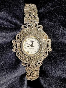 Vintage “Diamond”  Sterling Silver 925 Marcasite Japan Quartz Art Deco WORKING - Picture 1 of 10